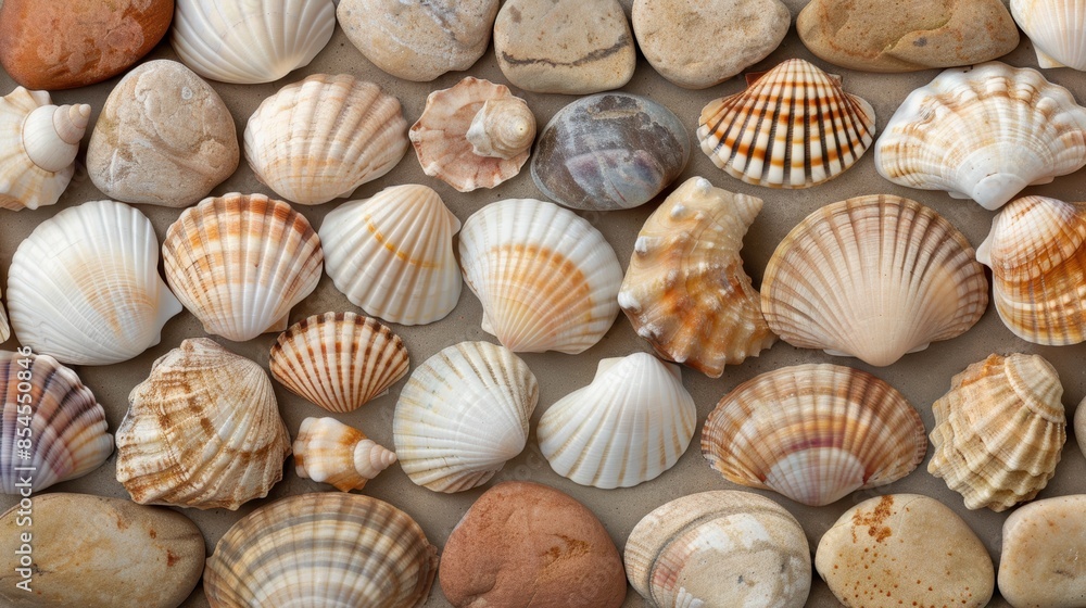 Assortment of seashells and stones Assortment of seashells and stones