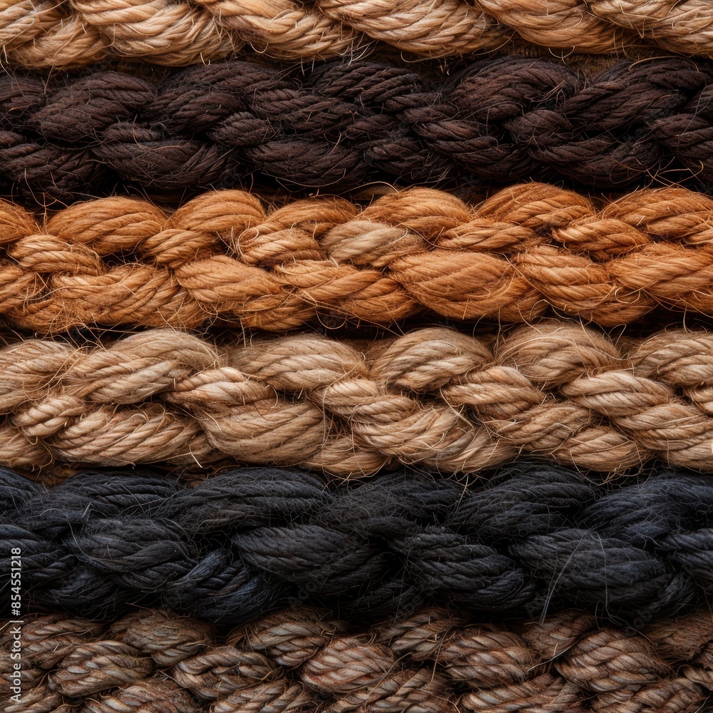 Closeup of braided ropes in various shades of brown and black Closeup of braided ropes in various shades of brown and black