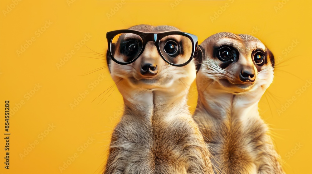 Fototapeta premium Portrait of fashionable meerkats with glasses isolated on yellow background