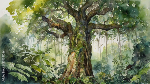Watercolor painting: The sprawling canopy of a rainforest tree, its vast branches providing shelter and habitat for countless species,