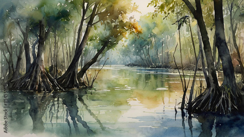 Watercolor painting: The Sundarbans, a vast mangrove forest spanning India and Bangladesh, home to the Bengal tiger,
