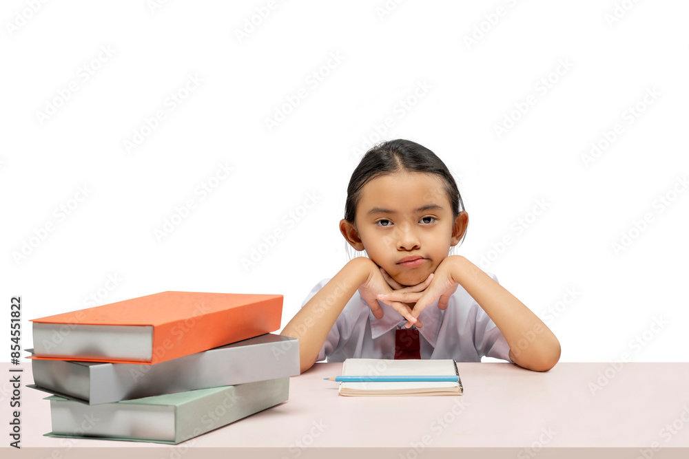 Portrait of an Asian elementary school student girl with a stack of books on the table tired of learning Portrait of an Asian elementary school student girl with a stack of books on the table tired of learning