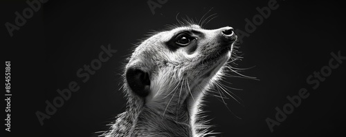 A black and white portrait of a meerkat looking up. photo