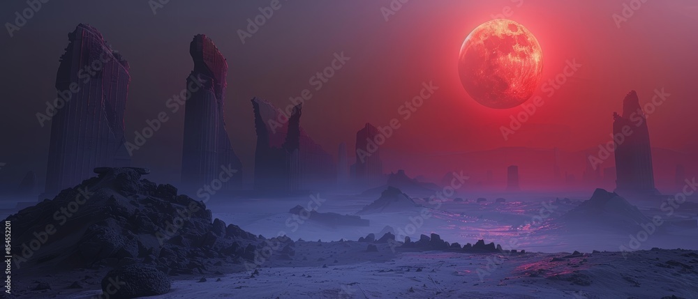 A red moon hangs over a desolate, misty landscape with tall, mysterious structures. A red moon hangs over a desolate, misty landscape with tall, mysterious structures.