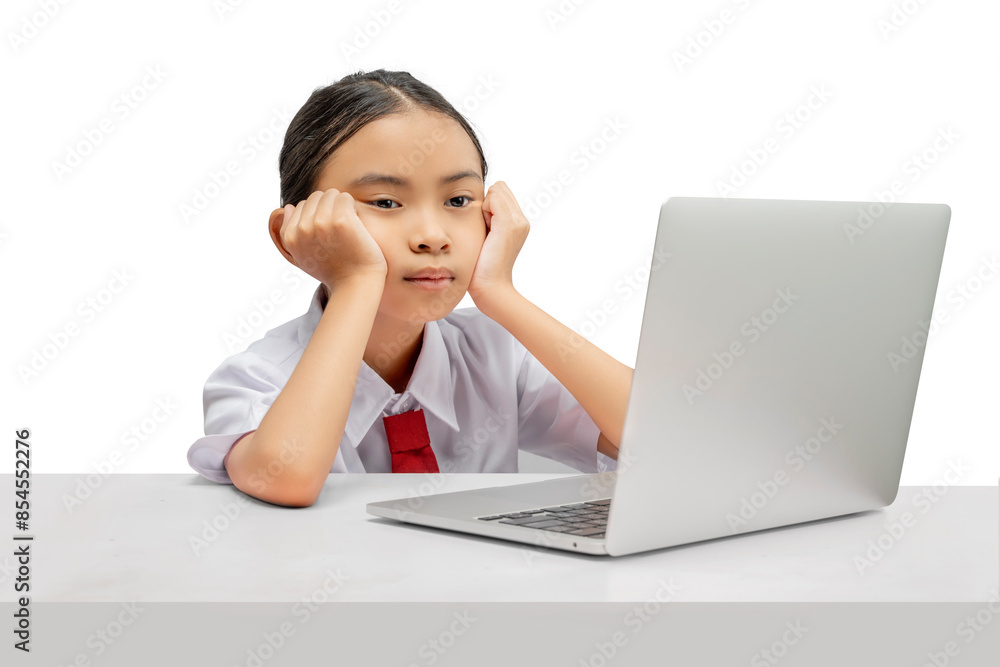 Portrait of an Asian elementary school student girl with a laptop tired of learning on the table Portrait of an Asian elementary school student girl with a laptop tired of learning on the table