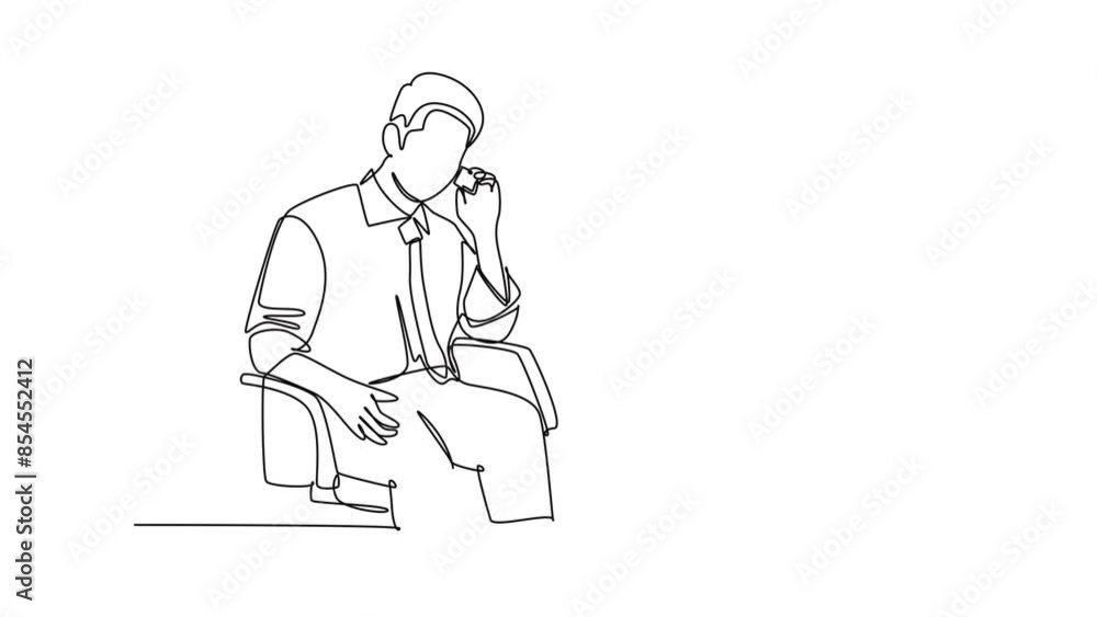 Self drawing animation of single line draw young furious male manager holding smartphone and calling his staff at office to ask report. Discussion on phone. Continuous line draw. Full length animated Self drawing animation of single line draw young furious male manager holding smartphone and calling his staff at office to ask report. Discussion on phone. Continuous line draw. Full length animated