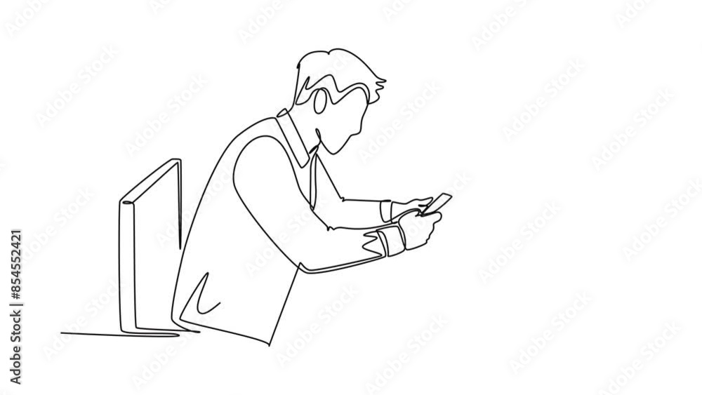 Animated self drawing of continuous line draw of young programmer typing message on smart phone to ask coding language to his friend at the office. Programming concept. Full length one line animation