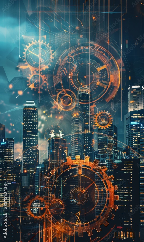 Fototapeta premium An intricate digital cityscape featuring interlocking gears and cogs, symbolizing technological progress and innovation