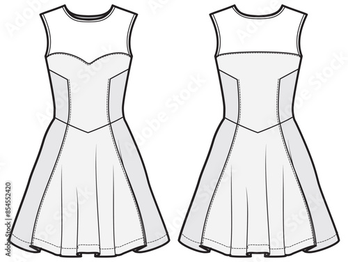 Women sleeveless fit and flared cocktail frock dress design flat sketch fashion illustration with front and back view, sweet heart neck dress gown vector template