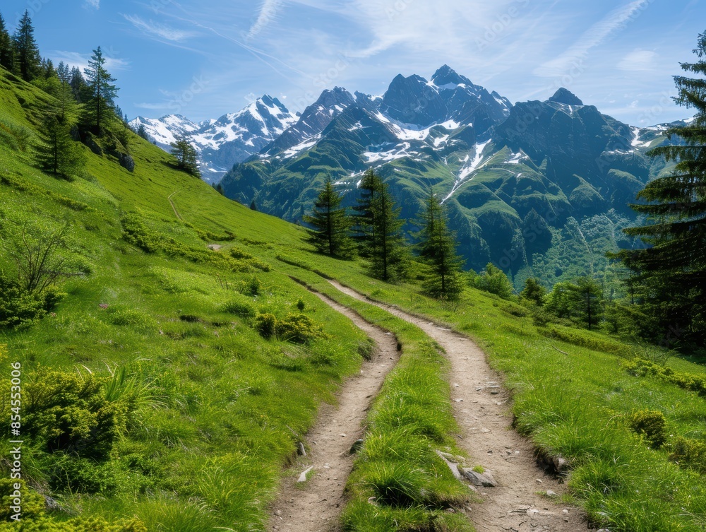 Scenic mountain landscape with hiking trail Scenic mountain landscape with hiking trail