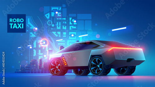 Autonomous robotic taxi stands against background of smart city plotting a route. Autonomous transportation service of electric mobility urban vehicles. Automated self driving smart car. AI Robotaxi.