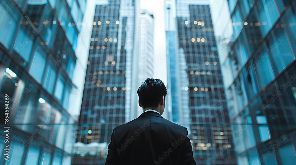 back of businessman in suit with business office glass modern buildings background for economic market stock investment, financial freedom portfolio or company profit and strategy growth IPO banner back of businessman in suit with business office glass modern buildings background for economic market stock investment, financial freedom portfolio or company profit and strategy growth IPO banner