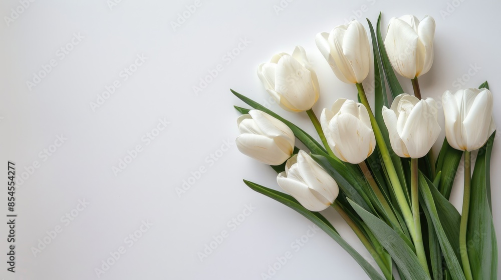 custom made wallpaper toronto digitalWhite tulips bouquet positioned to the right against a white backdrop viewed from above with space for text Ideal for wedding decorations