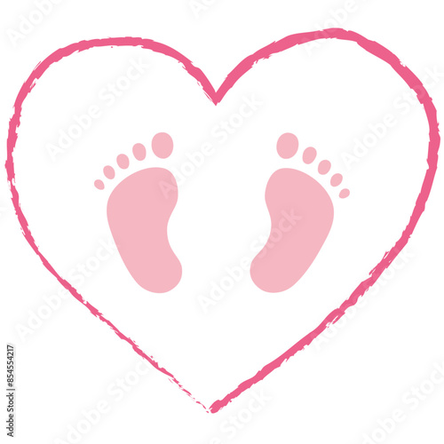 Pink human footprints and heart vector isolated on white background. Foot prints of barefoot person. Child's feet.
