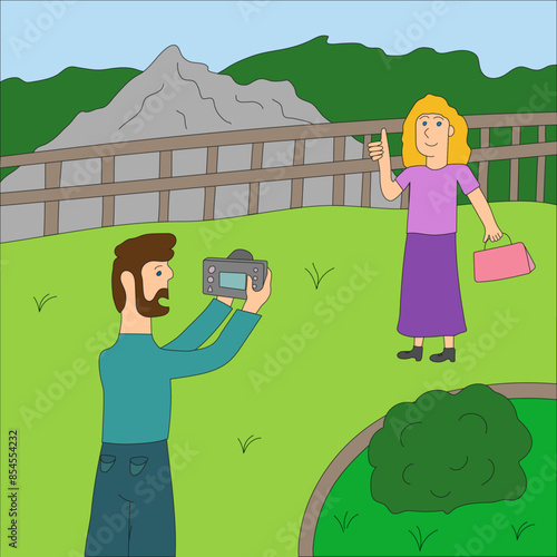 A man takes a photo of a woman. Cartoon drawing: vacation, family vacation, mountains, tourism, summer, husband and wife. Vector graphics.