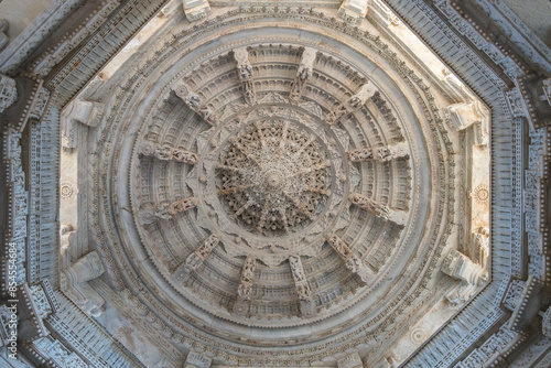 A detailed view of the circular design on the ceiling of Jain Temple in Ranakpur, Rajasthan, India