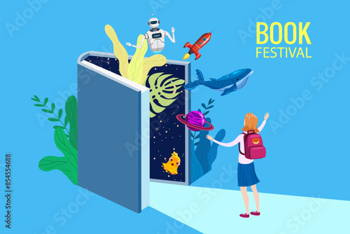 Book Festival Fair concept, girl open huge book
