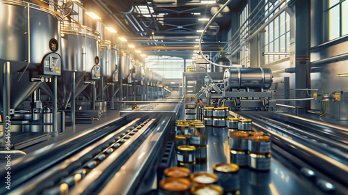 Interior of a Modern Canning Factory. This image showcases the detailed interior of a state-of-the-art canning factory. 