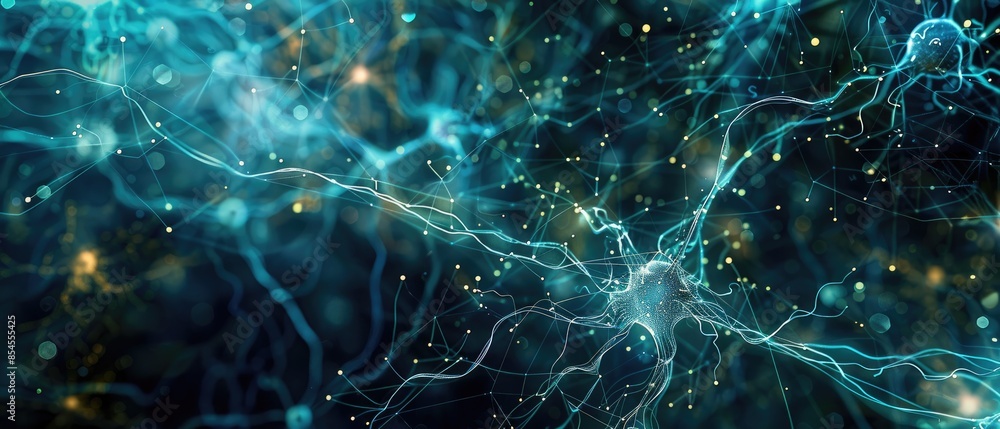 Neural cells with luminescent, knot-like connections. Glowing neurons in the brain, captured with a focused effect. The transmission of electrical signals between synapses and neural cells. Neural cells with luminescent, knot-like connections. Glowing neurons in the brain, captured with a focused effect. The transmission of electrical signals between synapses and neural cells.