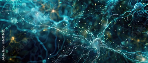 Neural cells with luminescent, knot-like connections. Glowing neurons in the brain, captured with a focused effect. The transmission of electrical signals between synapses and neural cells.