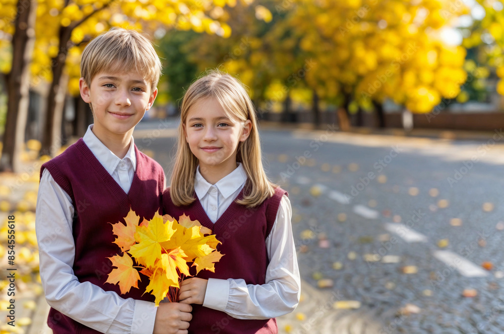 Fototapeta premium School uniform. Boy and girl in autumn park. Fall child portrait. Happy kid back to school background. Children with maple autumn leaves, season pupil clothing. Little student walk. Uniform wear
