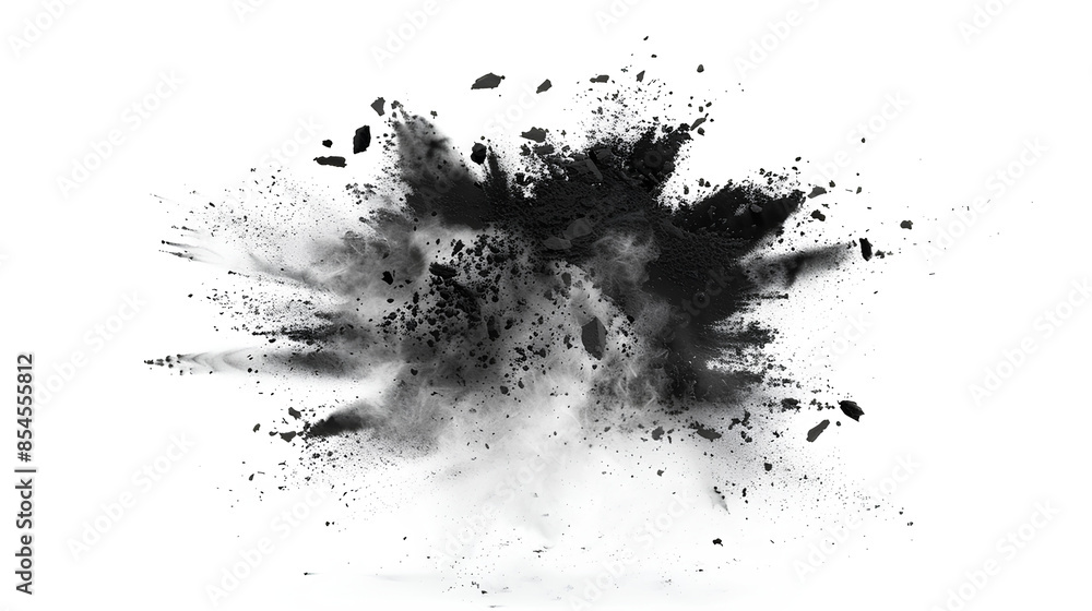 Black chalk pieces and powder flying, explosion effect isolated on white Black chalk pieces and powder flying, explosion effect isolated on white