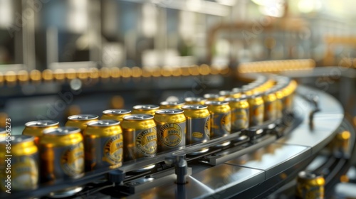 Realistic beer can production line in manufacturing facility, detailed industry assembly process
