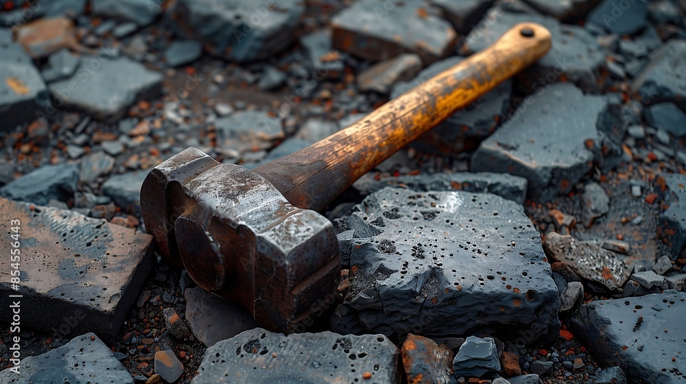 Close-up of a well-used hammer lying on bricks at a construction site, detailed textures of metal and brick Close-up of a well-used hammer lying on bricks at a construction site, detailed textures of metal and brick