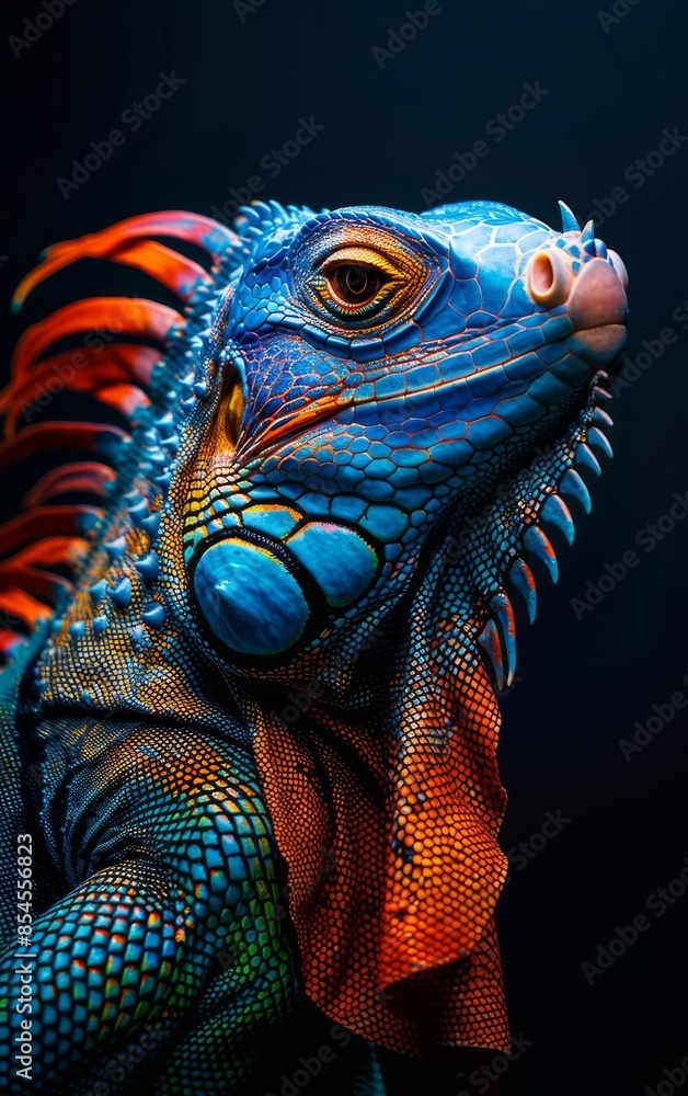 Fototapeta premium A vibrant blue iguana with orange and red accents, its head tilted in a curious pose, set against a dark background.