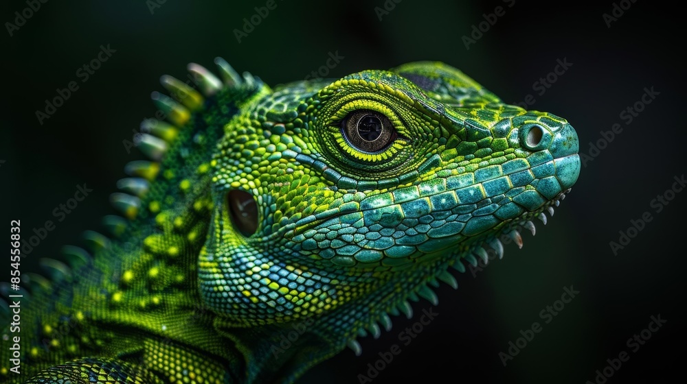 Close-up portrait of a vibrant green lizard with sharp teeth and a textured skin. The lizard stares intently at the viewer. Close-up portrait of a vibrant green lizard with sharp teeth and a textured skin. The lizard stares intently at the viewer.