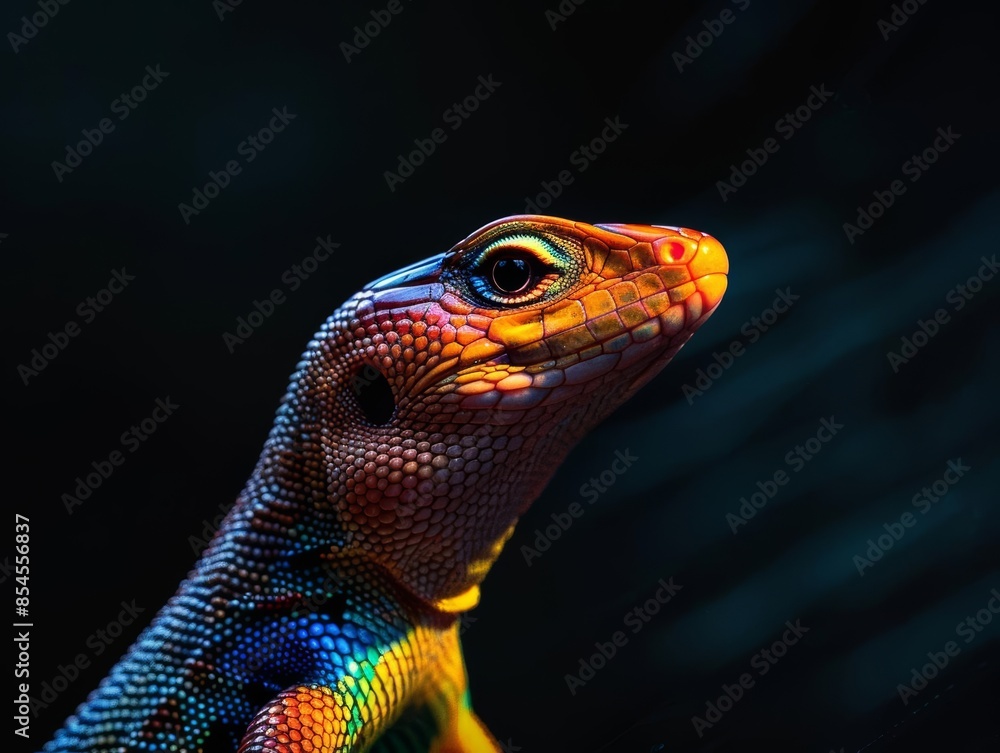A vibrant, colorful lizard with red, blue, yellow, and orange scales stares intently into the distance against a dark background. A vibrant, colorful lizard with red, blue, yellow, and orange scales stares intently into the distance against a dark background.