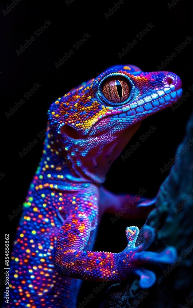 A vibrant gecko glows in a kaleidoscope of colors against a dark background. A vibrant gecko glows in a kaleidoscope of colors against a dark background.