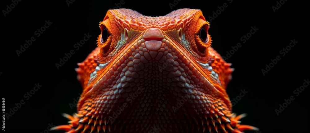 Close-up of a bearded dragon's face, showcasing its intricate scales and bright orange coloration. Close-up of a bearded dragon's face, showcasing its intricate scales and bright orange coloration.
