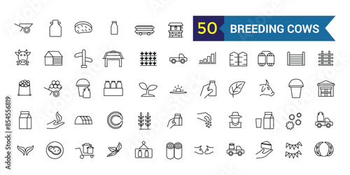 Breeding cows icons set outline vector. Dairy milk. Eat farm. Outline icon collection. Editable stroke.