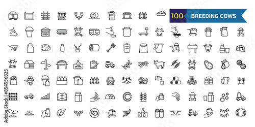 Breeding cows icons set outline vector. Dairy milk. Eat farm. Outline icon collection. Editable stroke.