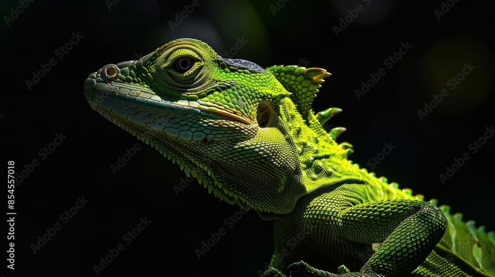 Fototapeta premium Close-up portrait of a green lizard with a dark background. The lizard's eyes are focused on something off-camera.