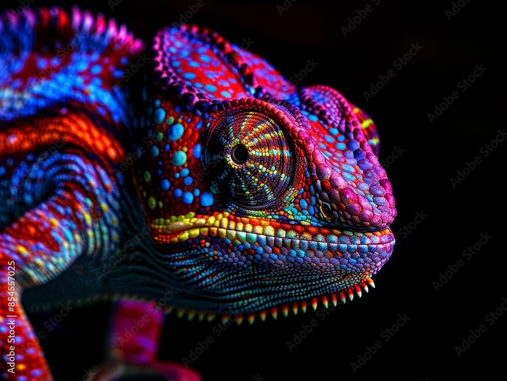 A vibrant chameleon with a striking blue, red, and purple coloration, captured in a close-up shot against a black background. A vibrant chameleon with a striking blue, red, and purple coloration, captured in a close-up shot against a black background.