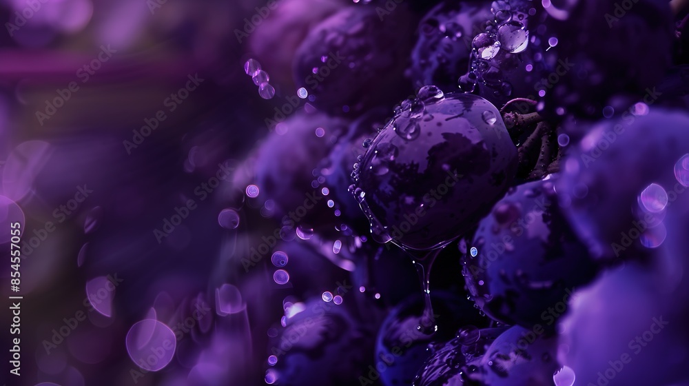 Cluster of ripe grapes in a vineyard, detailed close-up, purple hues, morning dew Cluster of ripe grapes in a vineyard, detailed close-up, purple hues, morning dew