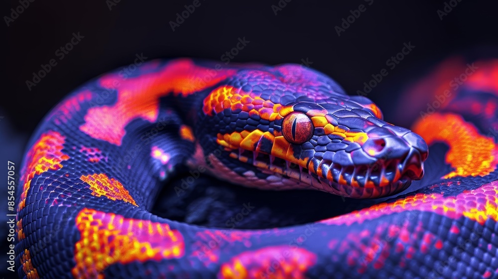 Fototapeta premium A close-up of a vibrant purple and orange snake with red eyes, its scales reflecting light.
