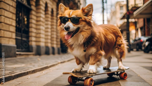 Hip red ginger dog in sunglasses skateboarding down an urban street photo