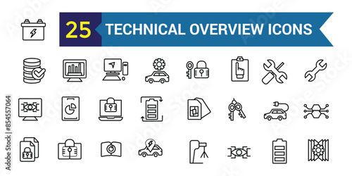Technical overview icons set outline vector. Camera specification. Dual memory. Outline icon collection. Editable stroke.