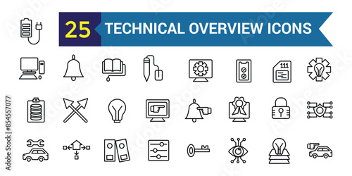 Technical overview icons set outline vector. Camera specification. Dual memory. Outline icon collection. Editable stroke.