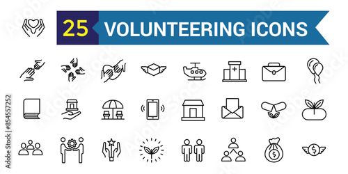Volunteering icons set. Outline set of volunteering icons for ui design. Outline icon collection. Editable stroke.
