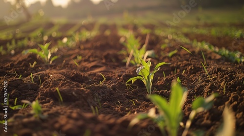 Freshly tilled soil with young fruit seedlings, detailed texture, clear focus, early morning 