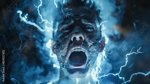 A dramatic image of a person receiving an electric shock, with visible arcs of electricity and a look of pain and surprise on their face, illustrating the danger of electrocution i