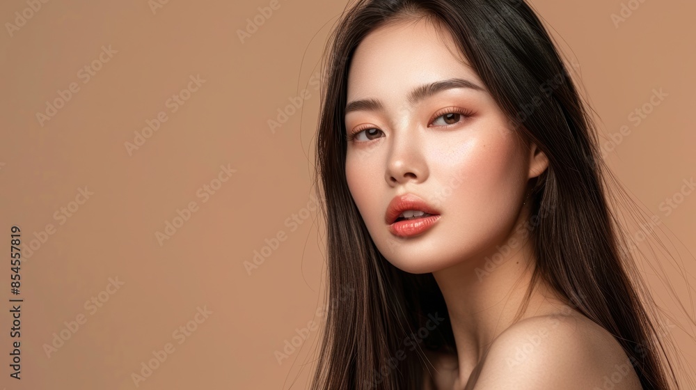 Young Asian beauty woman model long hair and perfect skin on isolated beige background Young Asian beauty woman model long hair and perfect skin on isolated beige background
