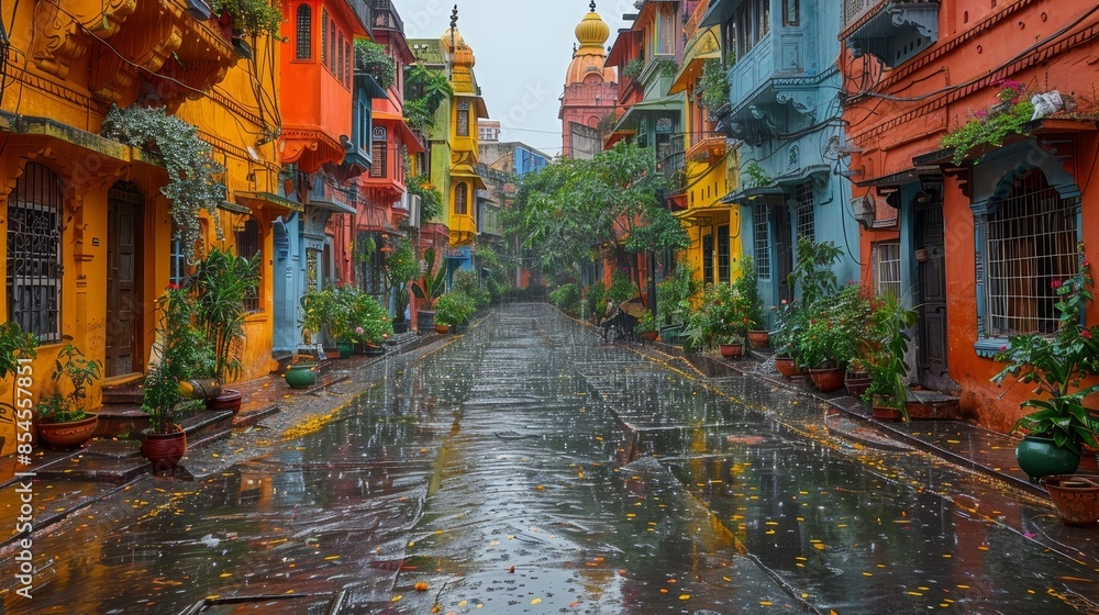 Fototapeta premium A street with colorful buildings and a wet sidewalk