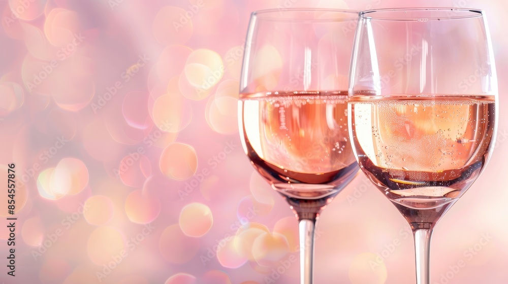 Two wine glasses filled with rose wine on a bright background Horizontal close up view Two wine glasses filled with rose wine on a bright background Horizontal close up view