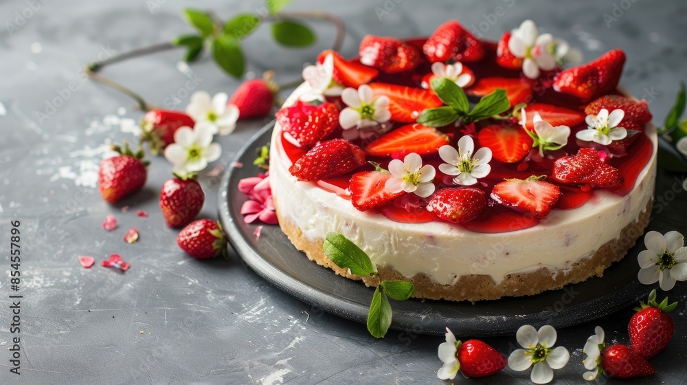 Delicious homemade strawberry cheesecake and flowers on gray stone background with selective focus and copy space Delicious homemade strawberry cheesecake and flowers on gray stone background with selective focus and copy space