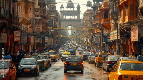 A busy street with many cars and people